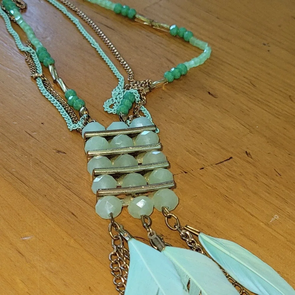 Vintage Mint Feather Necklace Multi Strand Boho Statement 31 Inch